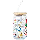 Silver Buffalo Disney Alice in Wonderland Wild Flower Glass Tumbler with Bamboo Lid and Glass Straw Featuring Alice, White Rabbit, Cheshire Cat, Dinah, Dormouse, and March Hare, 16 Ounces