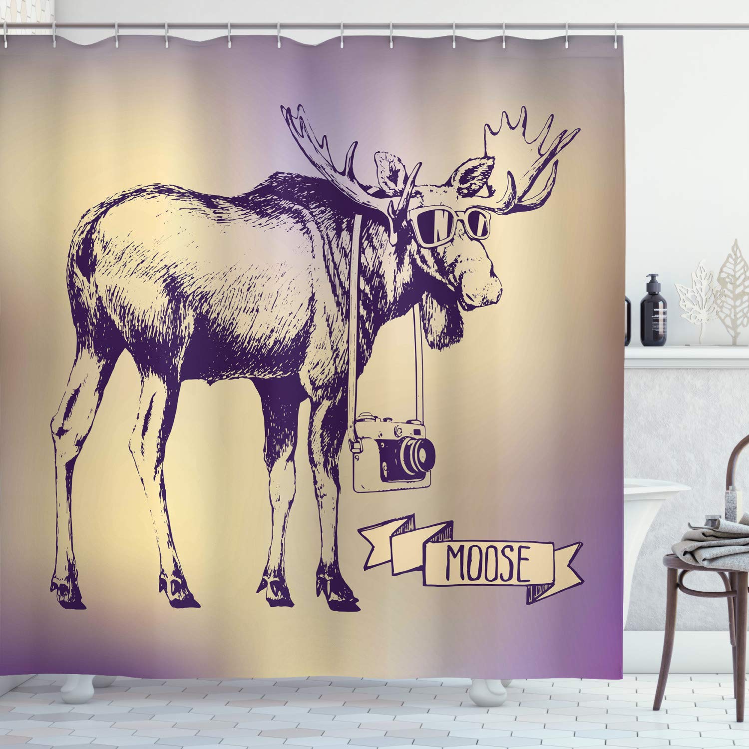 ABAKUHAUS Moose Shower Curtain, Hipster Deer Shade Sunglasses and Camera Vintage Ombre Design Funny Animal Art, Cloth Fabric Bathroom Decor Set with Hooks, 94 Inches, Purple Beige