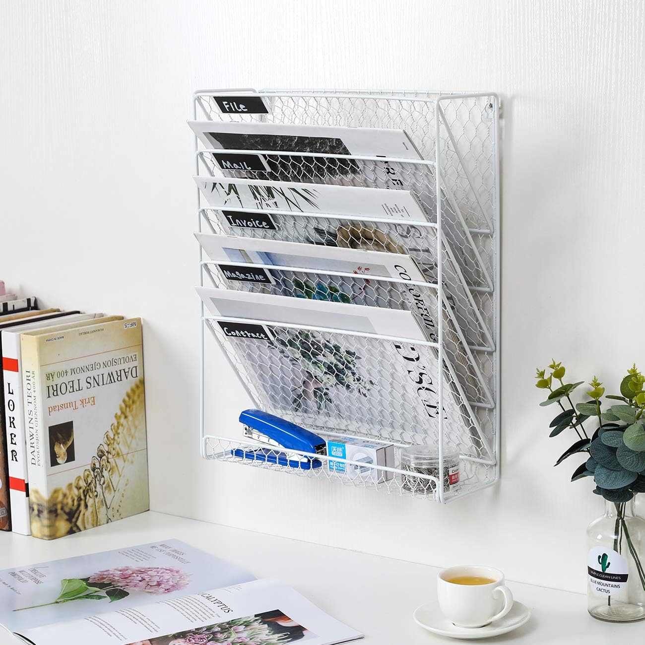 Superbpag Hanging File Organizer Metal 6 Tier Chicken Wire Wall Mount Document File Holder (White) : Office Products