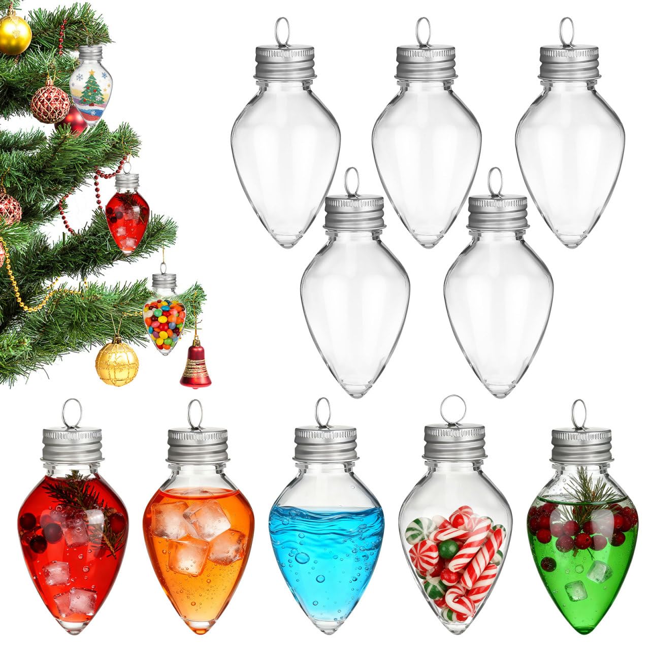 Kichvoe 10pcs Plastic Fillable Ornament Balls Teardrop Shaped Christmas Booze Ball Drink Juice Storage Bottles with Screw Caps for Xmas Tree