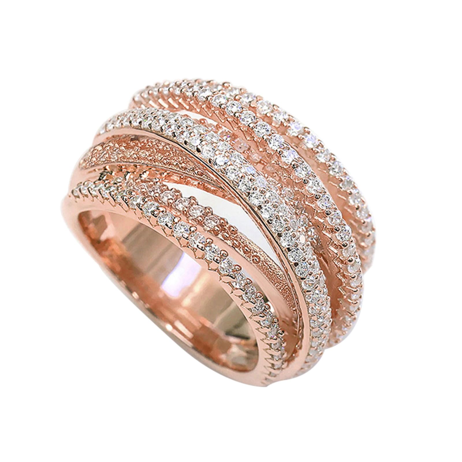 Photo 1 of 925 Silver Shining White/Rose Gold X Criss Cross Ring Cubic Zirconia Promise Rings CZ Cross Knot Ring 14K Gold Diamond Pave Ring, Multi-Row Design Engagement Wedding Ring for Women (Rose Gold7)