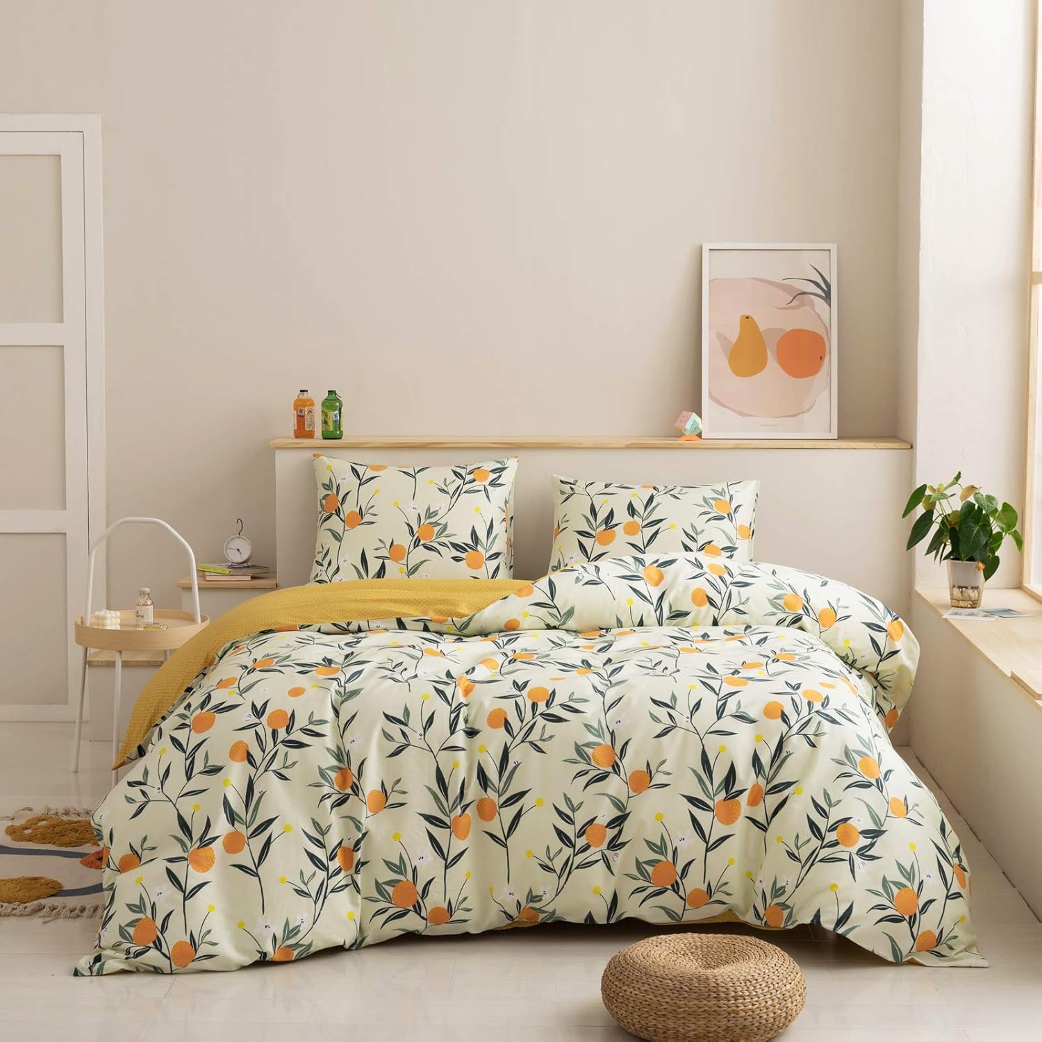 HoneiLife Duvet Cover Queen Size - 100% Cotton Comforter Cover Floral Duvet Cover Sets, Orange Duvet Cover with Zipper Closure & Corner Ties, 3pcs Wrinkle Free Comforter Cover Sets-Fruit: Home & Kitchen