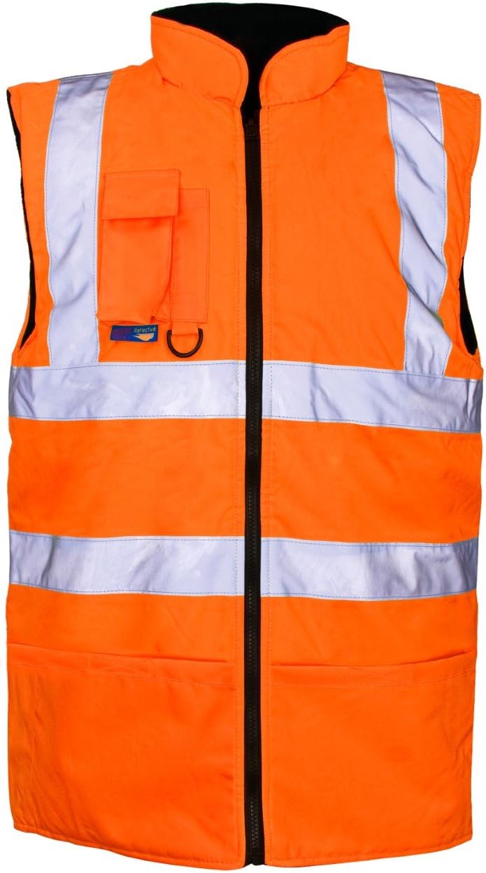 Hi Viz Vis Bodywarmer Fleece Lined Reversible High Visibility Reflective Waterproof Workwear Security Safety Wear Warm Gilet Waistcoat Body Warmer Padded Vest (M, Orange)