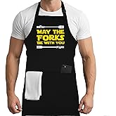 Adult Cooking Apron | May The Forks Be With You | BBQ Grill or Kitchen Apron with Pockets | Fun Grilling Accessories
