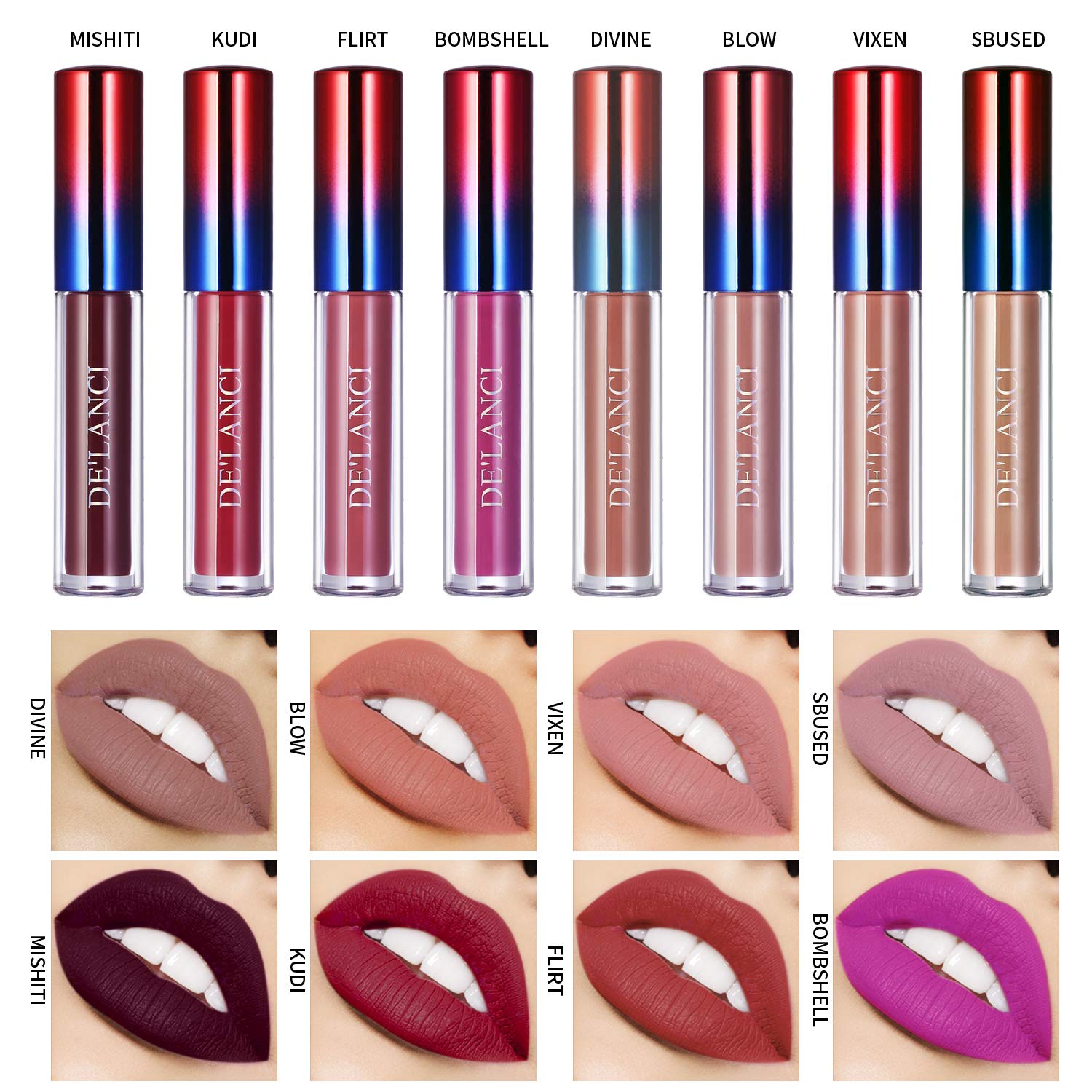 Matte Nude Lipstick Set - DE\'LANCI 8 Color Long Lasting Waterproof Non-Stick Lip Glosses with Gift Box