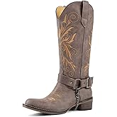 GPXGPX Cowboy Boots Embroidered Mid Calf Removable Belt Low Block Heel Round Toe Western Boots