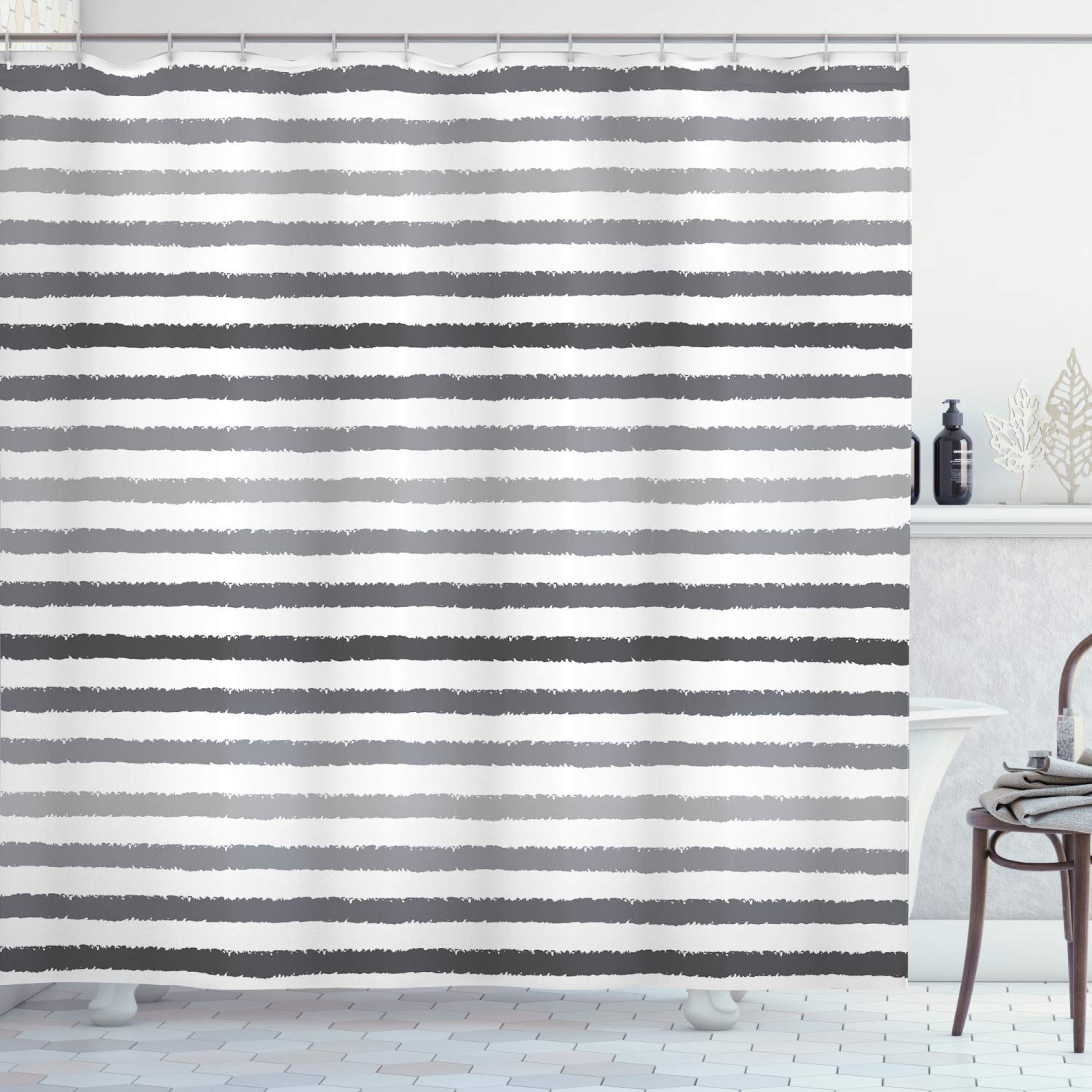 ABAKUHAUS Striped Shower Curtain, Grey and White Stripes Monochrome Tone Brush Style Lines Grunge Retro Digital Print, Cloth Fabric Bathroom Decor Set with Hooks, 175 x 180 cm, White Grey