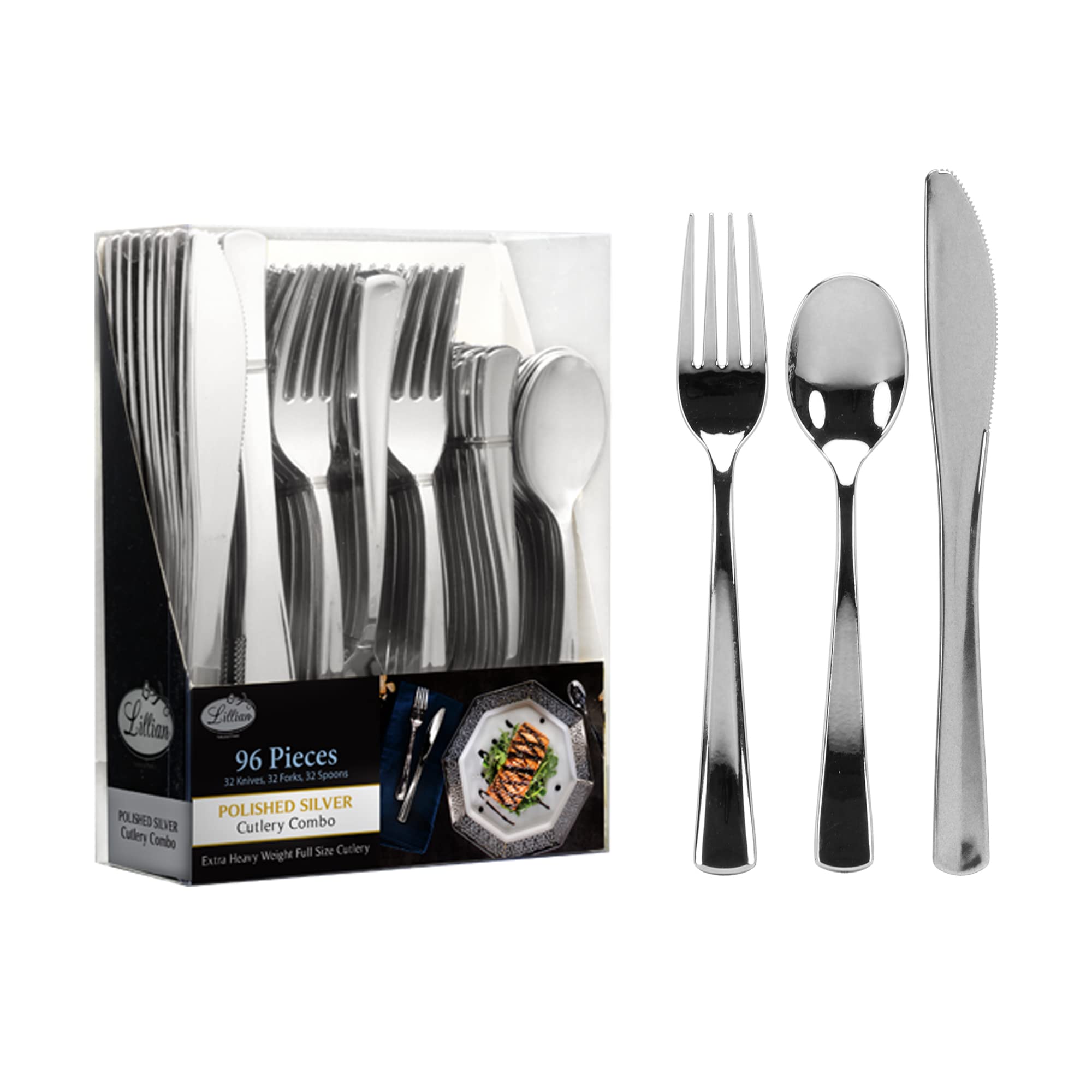 Plastic Cutlery Reusable Full Size Cutlery Combo, Silver, 32 Forks, 32 Knifes, 32 Spoons, Value Pack 96 Count