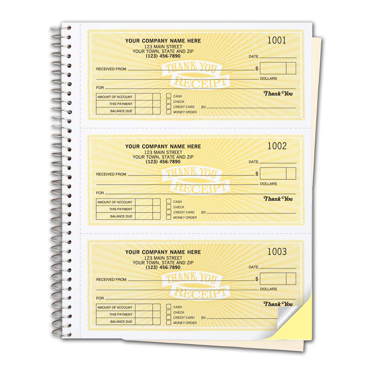 CheckSimple Customized Cash Receipt Books, 3-Per-Page w/ 2-Part Duplicates, Wire-Bound Book, Yellow (500 Receipts)