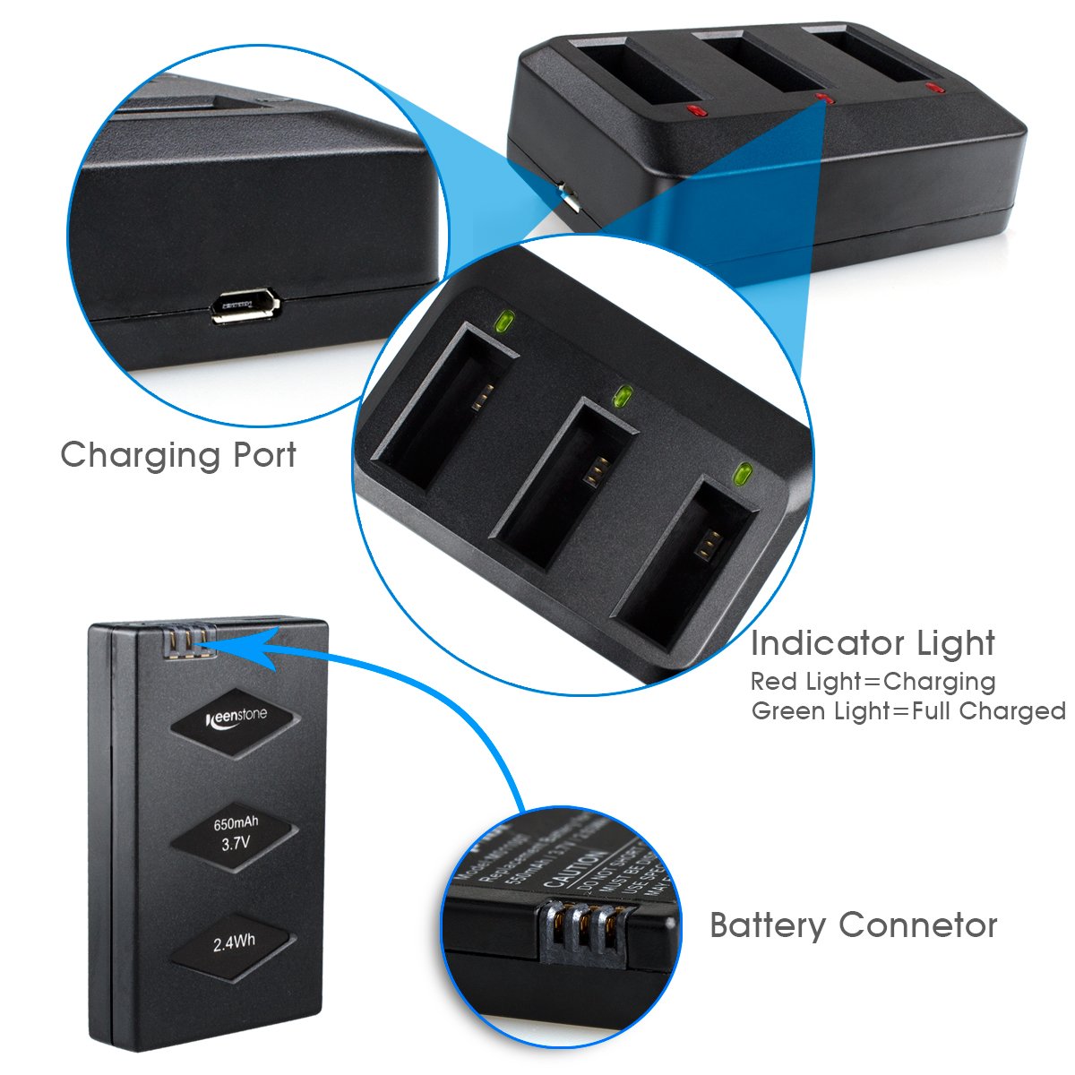 Parrot Minidrone Battery, Keenstone 3PCS 3.7V 650mAh Li-po Battery w/3-Port Charger for Jumping Sumo Swing Mambo Rolling Spider Air Night Airborne Cargo Jumping Race Night Hydrofoil Drone