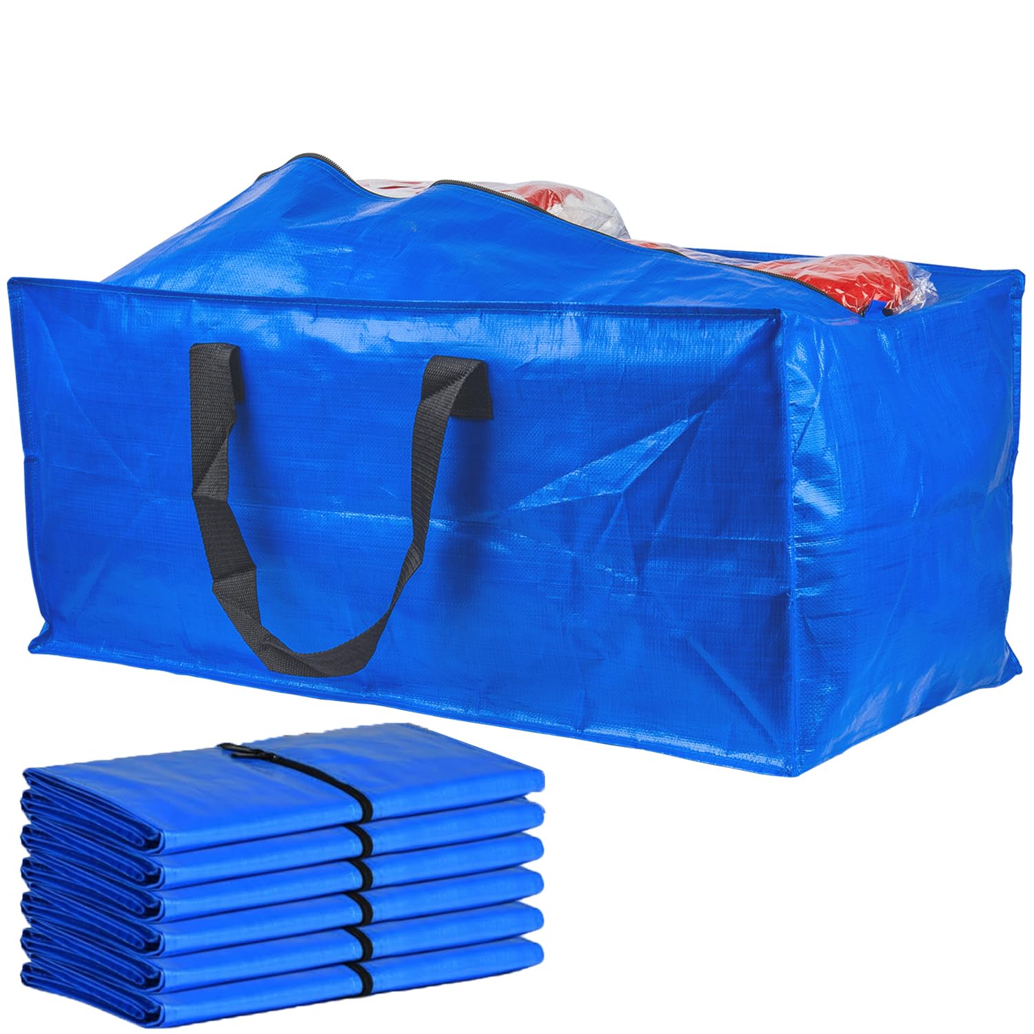 JOYCEMALL Set of 6 Heavy Duty Extra Large Moving Bags, Reusable Plastic XL Packing Storage Totes with Backpack Straps & Strong Handles & Zippers for Clothes Blanket Dorm College Supplies Storage Bins