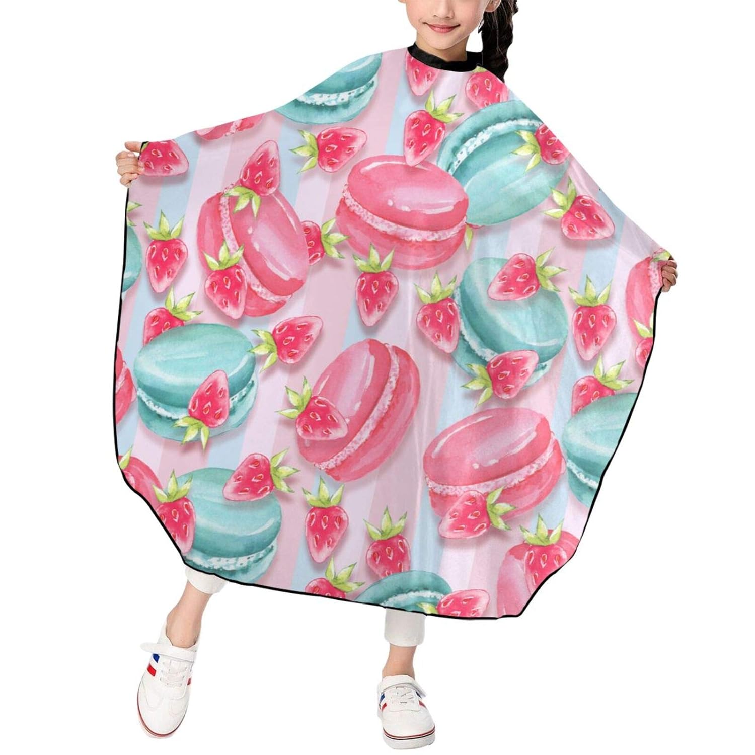 Kids Barber Cape Pink Sweet Food Macaroons Salon Cape Hair cutting Cover for Child Styling Haircut Apron with Adjustable Closure 39 x 47 inches