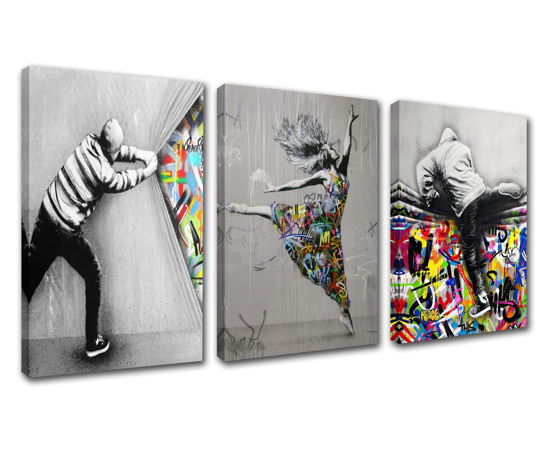 Banksy Street Art Decor Graffiti Behind the Curtain Pictures Heart-shape Paintings Romentic Love Artwork 3 Panels Canvas Wall Art Living Room Home Decor Framed Giclee Ready to Hang(42''W x 20''H)