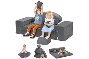 Kidirect Modular Kids Play Couch, 400+ DIY Convertible Foam Sofa for Playroom with Star Moon Pillow - Toddler Rocking Horse & Fort Building Kit (Grey, Washable)