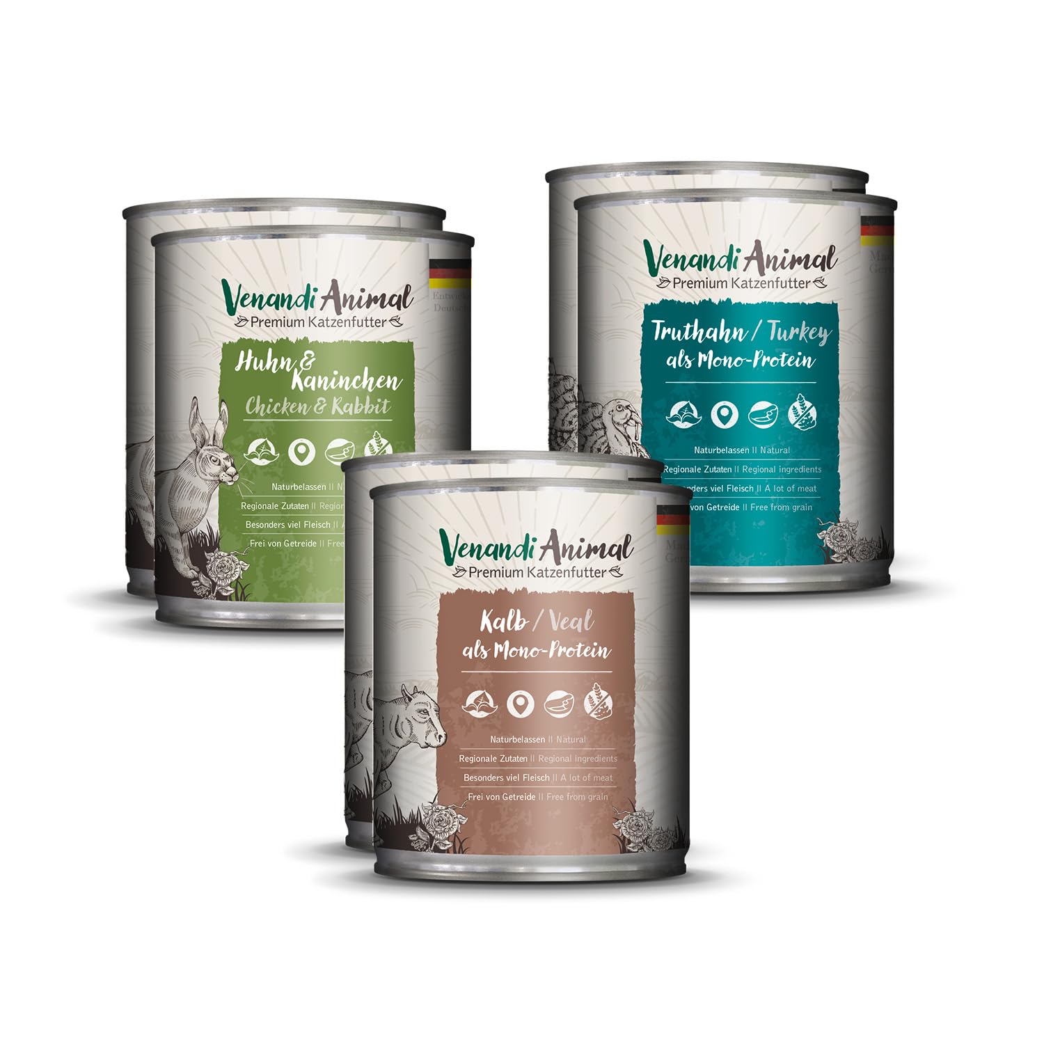 Venandi Animal Premium wet food for cats, trial pack II, chicken + rabbit, veal, turkey, 6 x 800 g, grain-free and natural, 4.8 kg