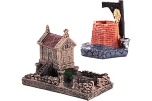 YASYU 2 Pcs Fairy Garden Accessories, Miniature Garden Stone House and Water Well,Resin Village House,Mini Fairy Cottage House, Micro Landscape Decoration,for Potted Plant Bonsai Terrarium Decor