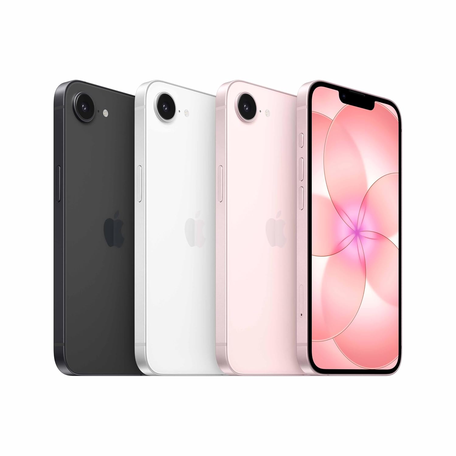 Multiple Apple iPhone 17e smartphones in black, white, and soft pink, viewтараптан.