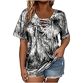 WDIRARA Women's Plus Size Tie Dye Cut Out Tee Tops Short Sleeve Lace Up V Neck Casual T Shirt