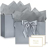 YoungTree 2PCS Medium Gift Bags with Ribbon and 2 Greeting Cards 4 Tissue Papers, Paper Birthday Gift Bags with Handles, Present Bags for Valentines Day Wedding Baby Shower Party Supplies (Silver)