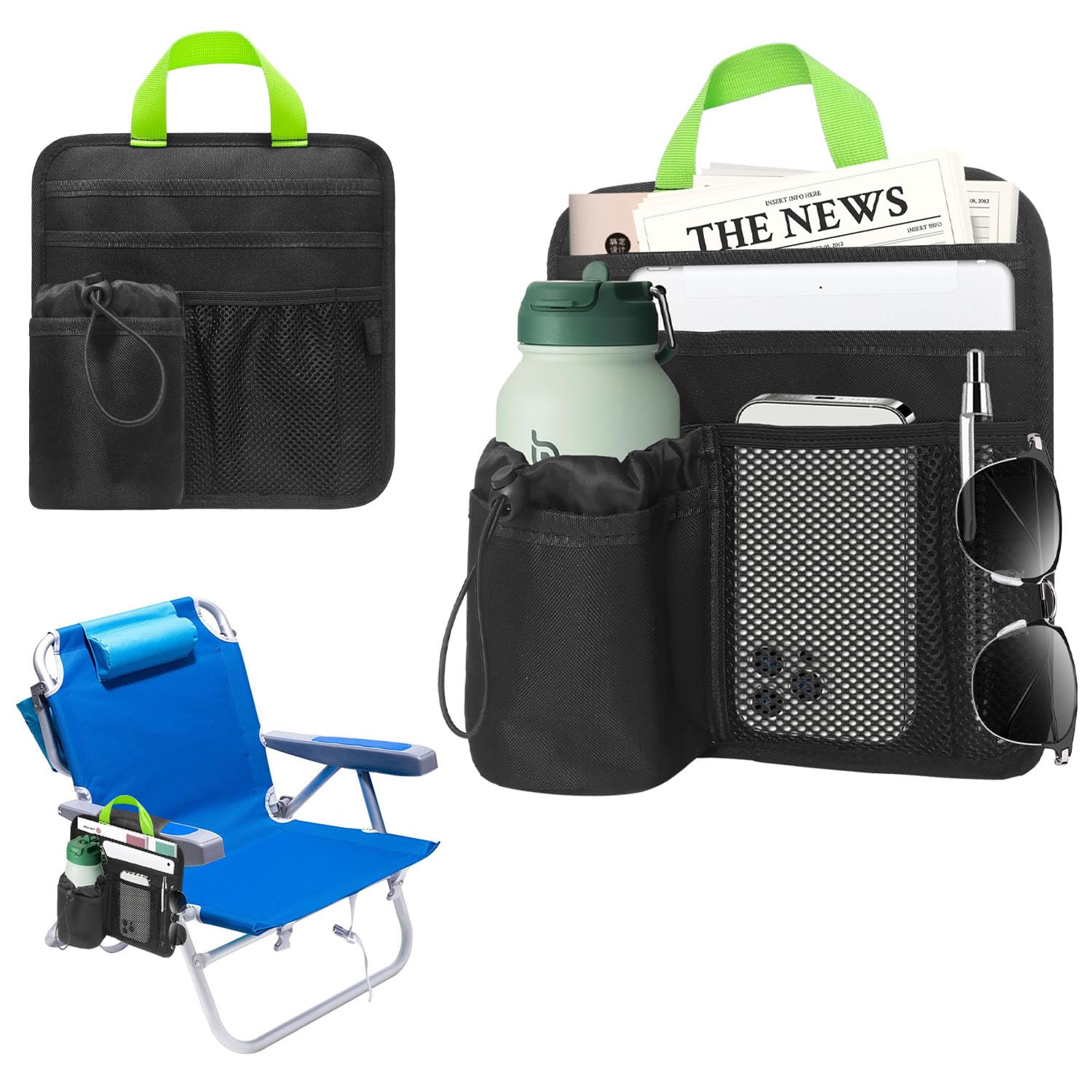 Photo 1 of BOHEMIABY Beach Chair Cup Holder Attachment with Insulated Sleeve & 5 Pockets, Adjustable Armrest Organizer Caddy for Lawn Chairs, Camping, Stadium, Office (Black)