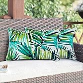 Magpie Fabrics Patio Lumbar Pillow Covers ONLY 20"x12", Set of 2, Outdoor Indoor Cushion Cases Decorative Throw Rectangular Pillowcase Shell for Couch Garden - Green Palm Leaves