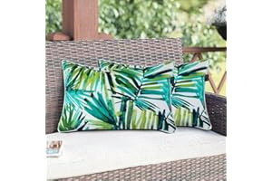 Magpie Fabrics Set of 2 Lumbar Throw Pillow with Insert 12x20 Inch, Outdoor Rectangular Waterproof Home Decorative Toss Cushion for Patio Garden Car Office - Green Palm Leaves