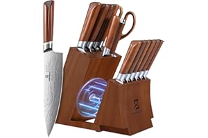 Kitchen Knife Sets with Block, Piklohas 15 Pieces Knife Sets with Magnetic Detachable Knife Holder, High Carbon Steel Damascu