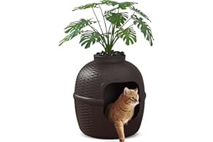 KEYGARZONE Large Cat Litter Box Enclosure with Artificial Plants & Carbon Filter, Heavy Duty PP Material Hidden Kitty Litter Box Furniture for Odor Control and Home Decor, Brown