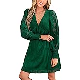 CUPSHE Women's Mini Fall Dress V Neck Long Sleeves Lace Smocked Casual Short A Line Wedding Guest Dress