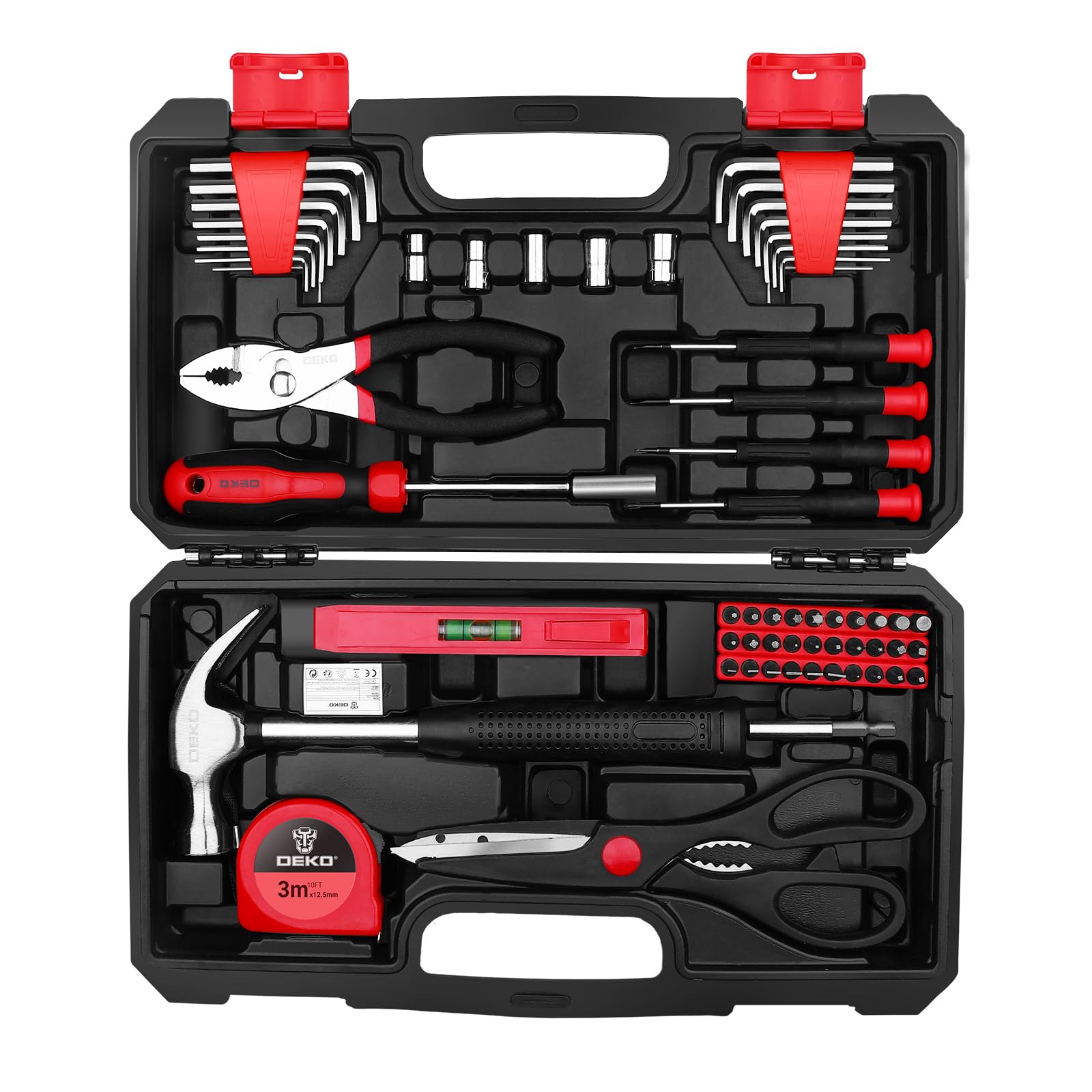 DEKO Tool Kit Set Box 62 Piece Home Repair DIY Tools Basic Hand Toolbox Sets for Home (Red)