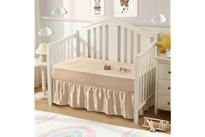 SiinvdaBZX 2-Piece Set Satin Crib Sheets & Crib Bed Skirt, 52" x 28" Silky Soft Ruffled Baby Crib Skirt with Adjustable Elastic 14" Drop, Fit for Standard Crib & Toddler Bedding (Beige)