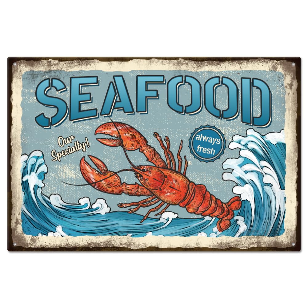 GLOBLELAND Vintage Lobster and Seafood Funny Word Metal Tin Sign For Garage Man Personalized Signs Garden Cave Signs Art Plaque Poster Wall Decor for Home Kitchen Bar Club 8×12inch