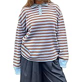 Women Rugby Polo Shirts Oversized Long Sleeve Collared Striped Sweatshirt Y2k Preppy Pullover Tops