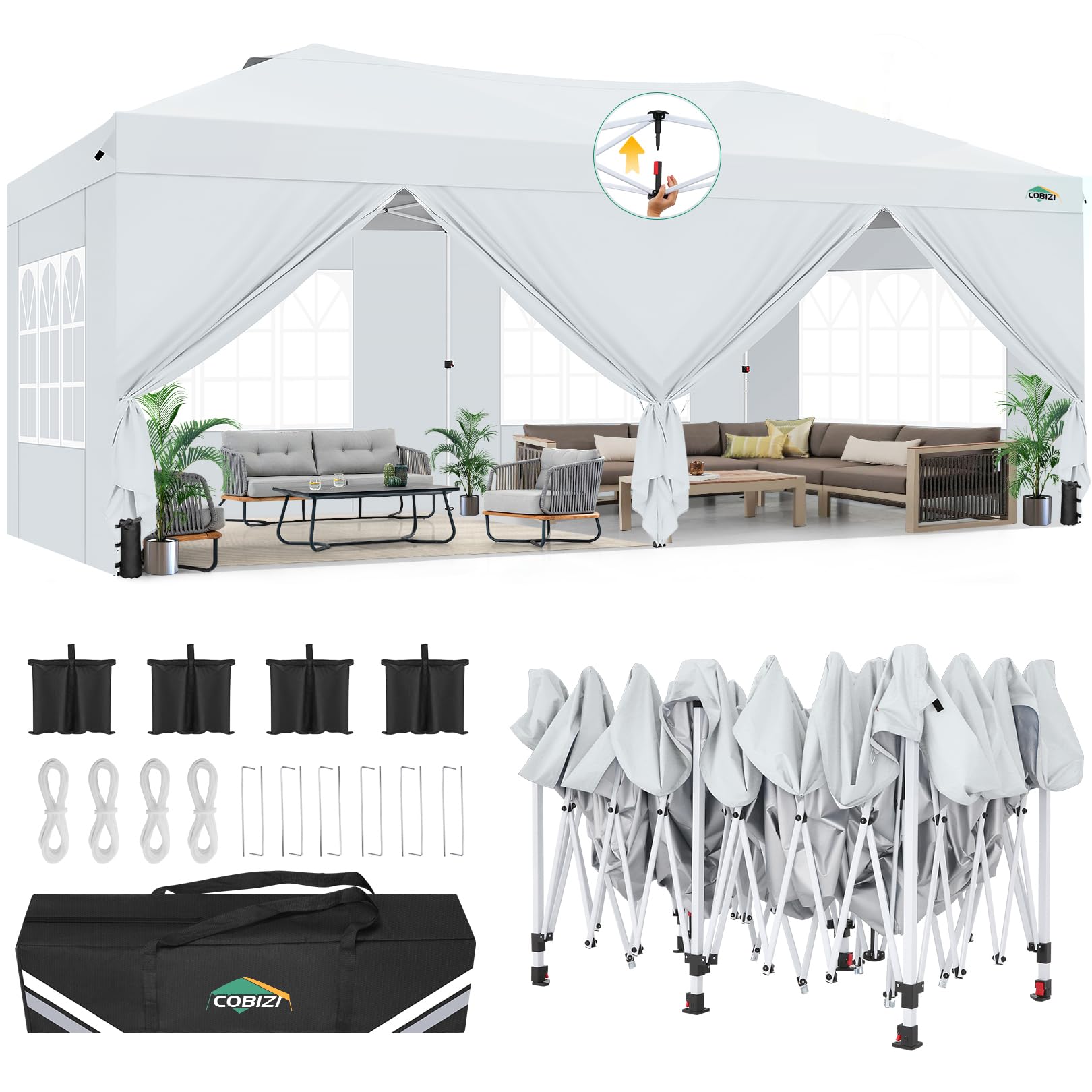 Photo 1 of COBIZI Canopy 10x20 Pop Up Canopy Tent with 6 Sidewalls, One Push Party Tents for Parties Outdoor Wedding Waterproof Gazebo Commercial Event Tent with Sandbags, White