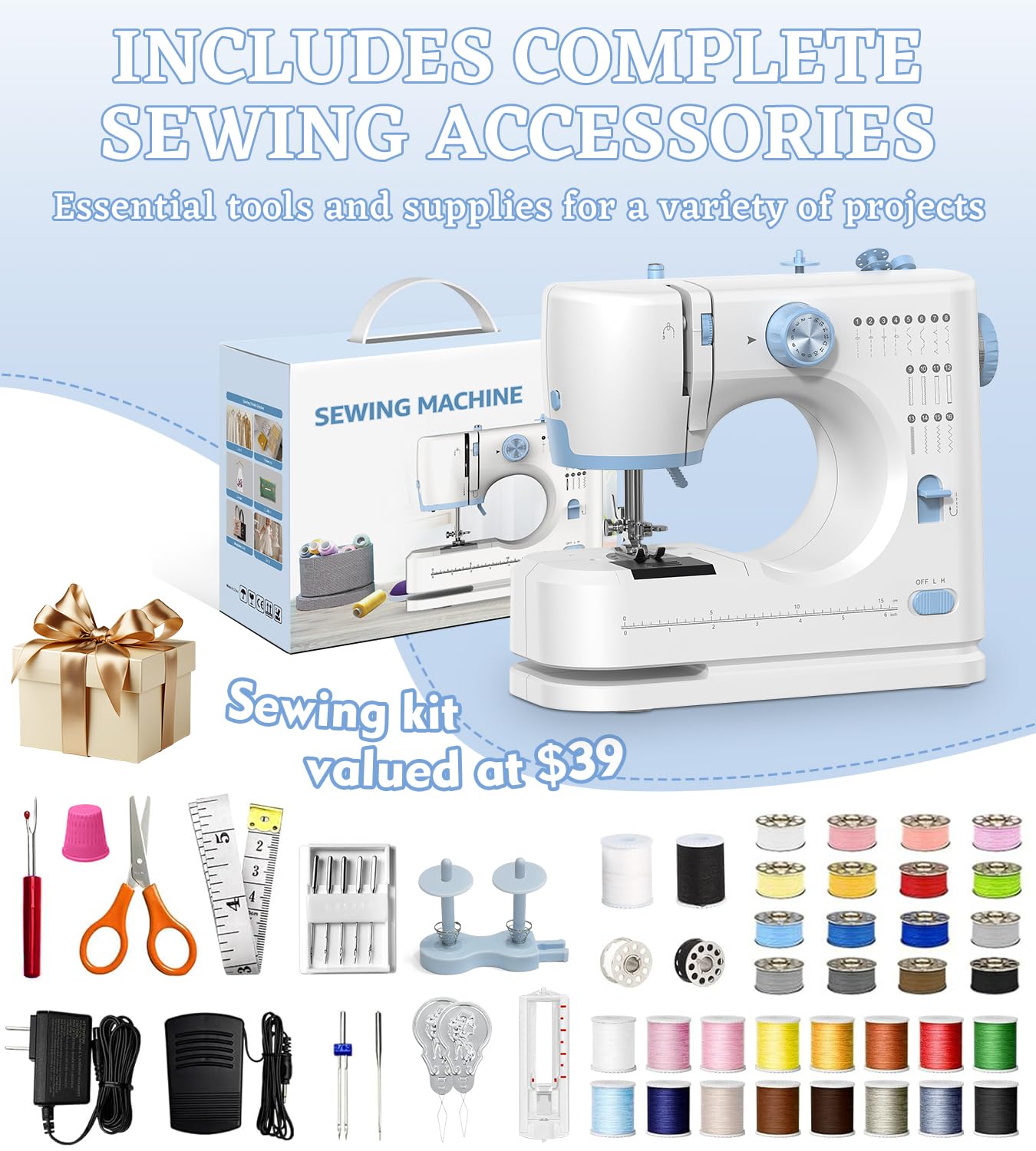 Sewing Machine for Beginners with 16 Built-in Stitches, Small Sewing Machine with Accessory Kit, 2-Speed, Foot Pedal & Storage Drawer, Portable Full-Feature Design for Home DIY (Blue)