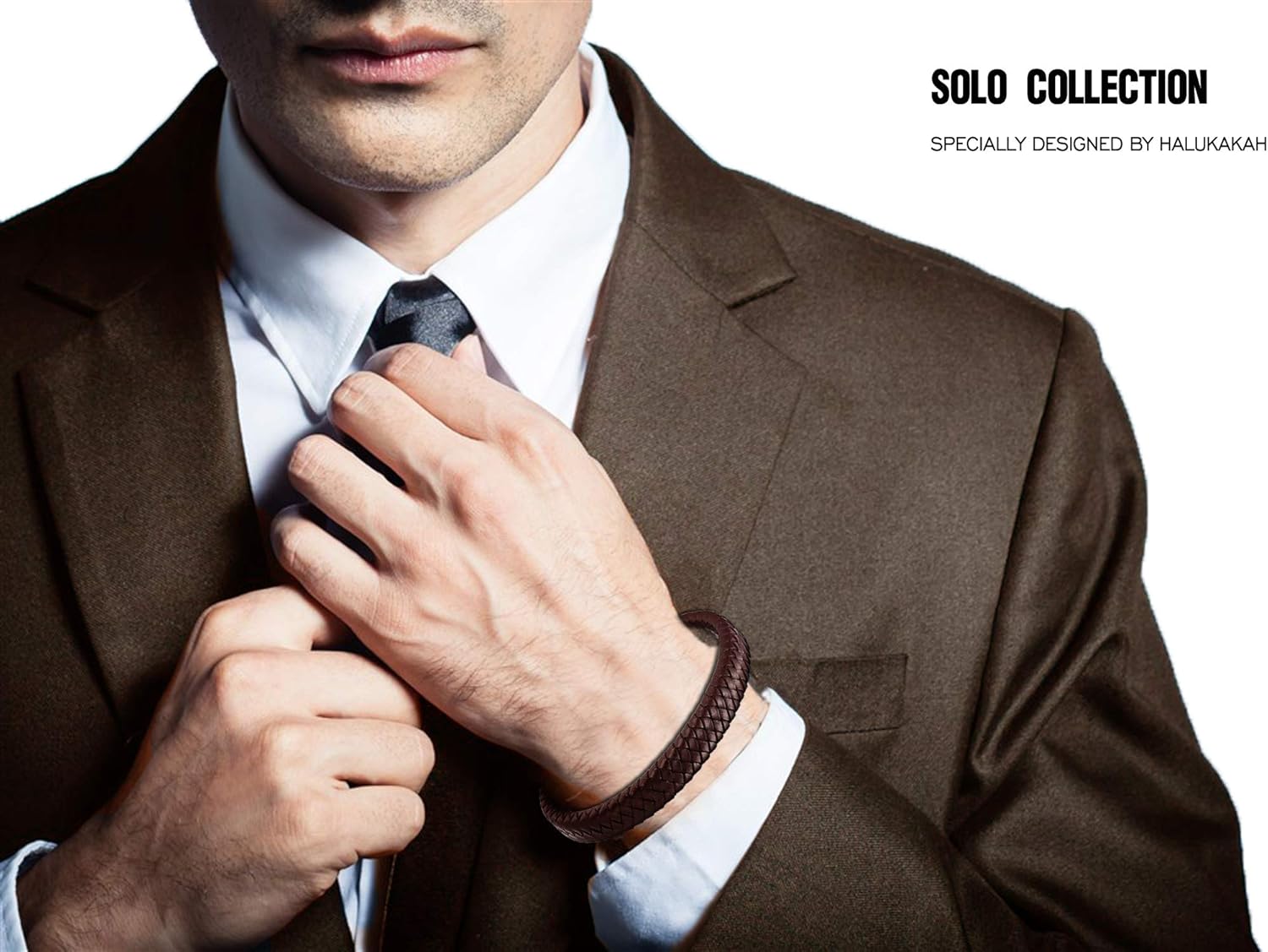 HALUKAKAH Plus ● Solo ● Men's Genuine Brown Leather Bracelet Classic Style Titanium Magentic Clasp Size Adjustable 8.46"-9"(21.5-23cm) with Free Giftbox - Image 4