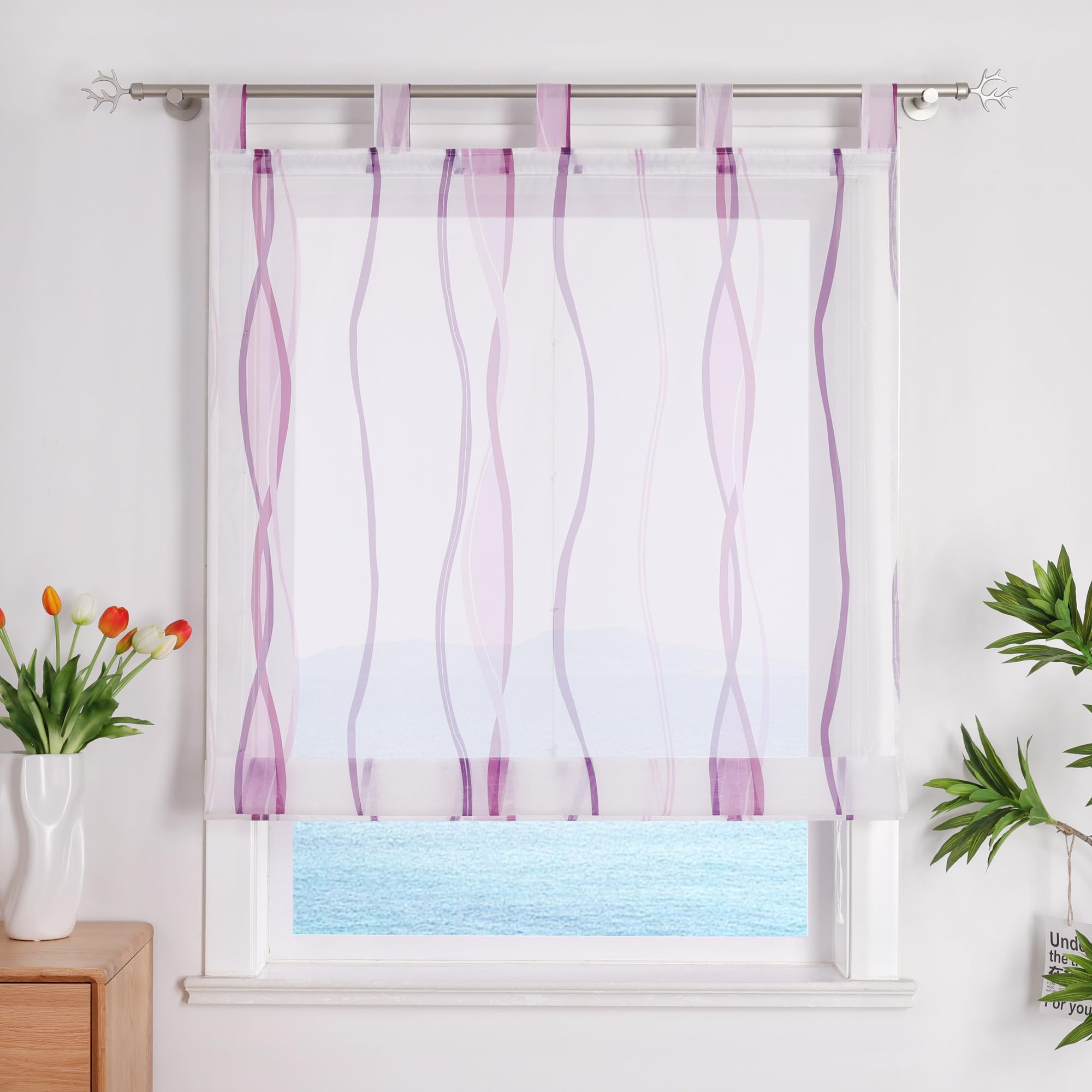 ESLIR Roman Blind with Eyelets, Kitchen Roman Curtains, Transparent Tab-Top Roller Blind Curtains with Wave Print, Modern Voile Purple, W x H 120 x 140 cm, Pack of 1