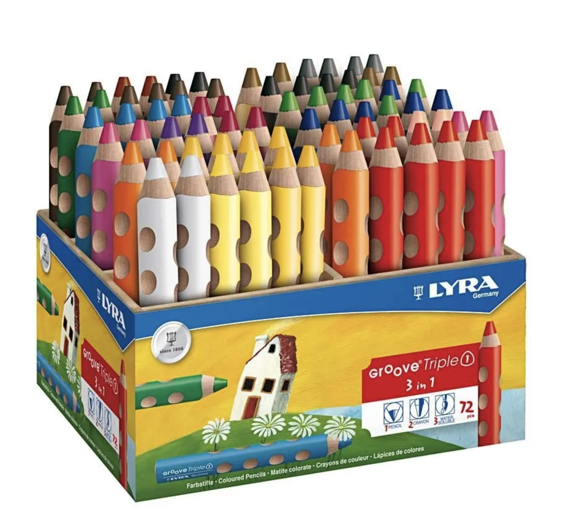 LYRA Groove Triple One Wooden Chunky Colouring Pencils 3 in 1, 72 Pencils, 6 Assorted Colours, Wooden Display, Ideal for Children and Schools