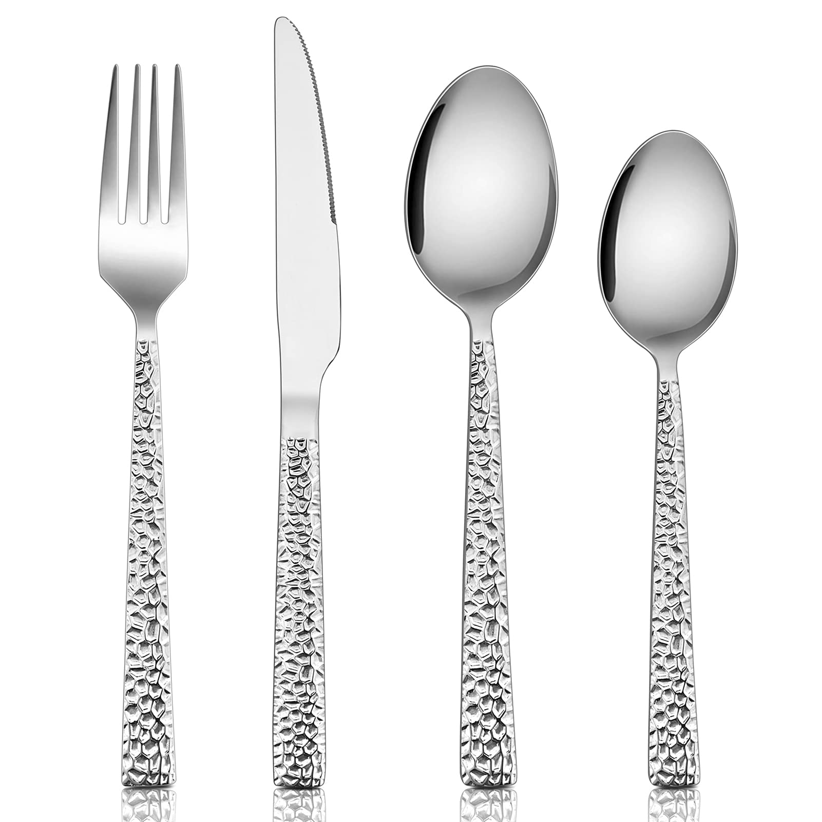 Cutlery Set, Homikit Stainless Steel 32 Piece Cutlery Flatware Sets for 8 People, Hammered Silverware Dinnerware Set Included Metal Fork Knife Spoon, Mirror Finished, Dishwasher Safe