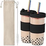 Amyoole 2 Pack Reusable Boba Cup,24Oz Wide Mouth Smoothie Cup,mason Jar Glass Cups with Lids and Straws,Bubble/Boba Tea Cups,
