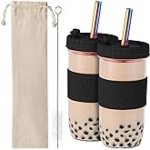 Amyoole 2 Pack Reusable Boba Cup,24Oz Wide Mouth Smoothie Cup,mason Jar Glass Cups with Lids and Straws,Bubble/Boba Tea Cups,Ice Coffee Tumbler 2 colored straws 1 sponge brush(Black)