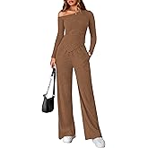 PRETTYGARDEN Fall Two Piece Sets For Women 2026 Off Shoulder Tops Long Pants Knit Matching Lounge Set Airport Travel Outfits