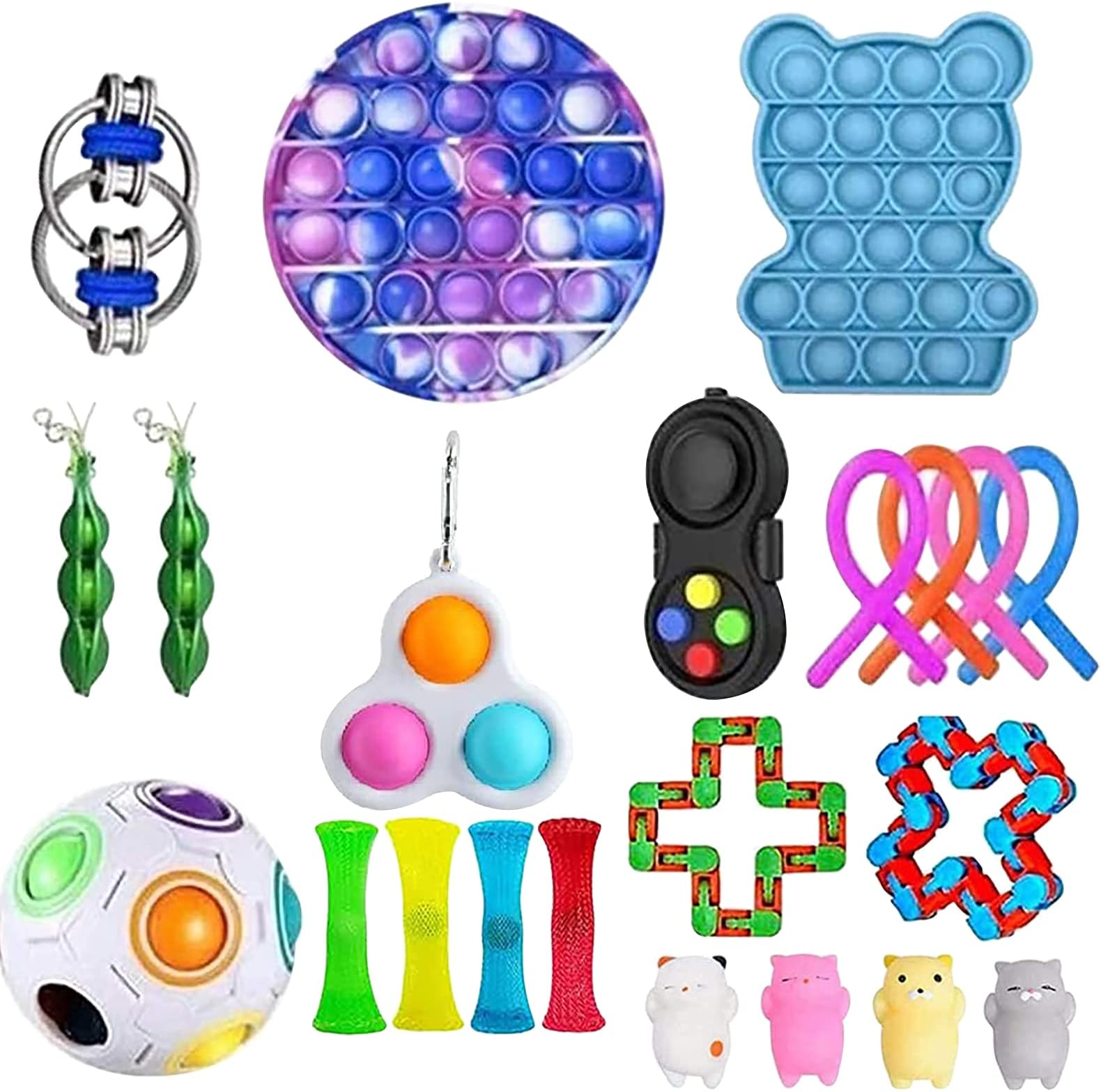 Fortune_90s 30Pcs Fidget Toy Set, Fidget Blocks Fidget Pack Sensory Relieves Stress Anxiety for Kids Adults, Fidget Pack with Simple Dimple in It, Tie Dye Push Pop Bubble Toy and More