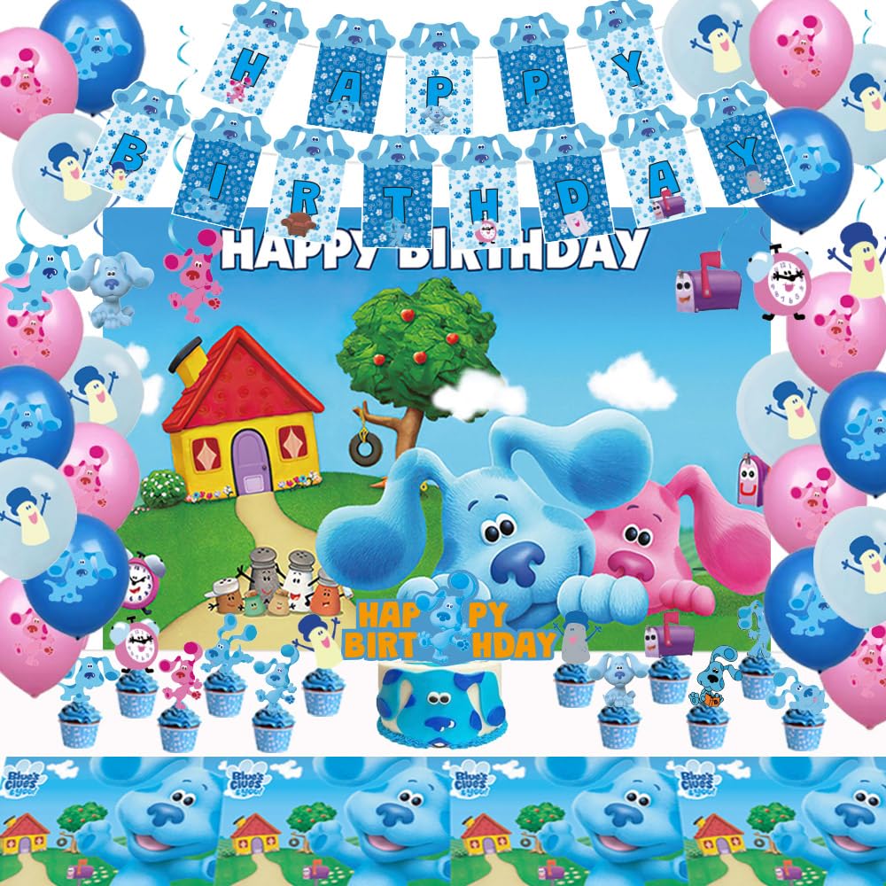 Photo 1 of Blue Cartoon Dog Birthday Party Decorations Supplies, Include Banner, Balloons, Hanging Swirls, Backdrop, Tablecloth, Cake Topper for Blues Themed Party