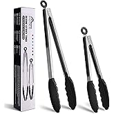 HOTEC Premium Stainless Steel Locking Kitchen Tongs with Silicon Tips, Set of 2-9" and 12"