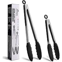 HOTEC Premium Stainless Steel Locking Kitchen Tongs with Silicon Tips, Set of 2-9" and 12"