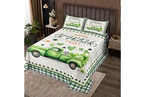 CASTLE FAIRY St. Patrick's Day Bedding Quilt Queen Size,Green Clover Leaves Truck Car Bedspread Spring Botanical Comforter Set Kids Girls Boys Adult Room Decor,Rustic Farmhouse Coverlet Set,2 Pillowcases
