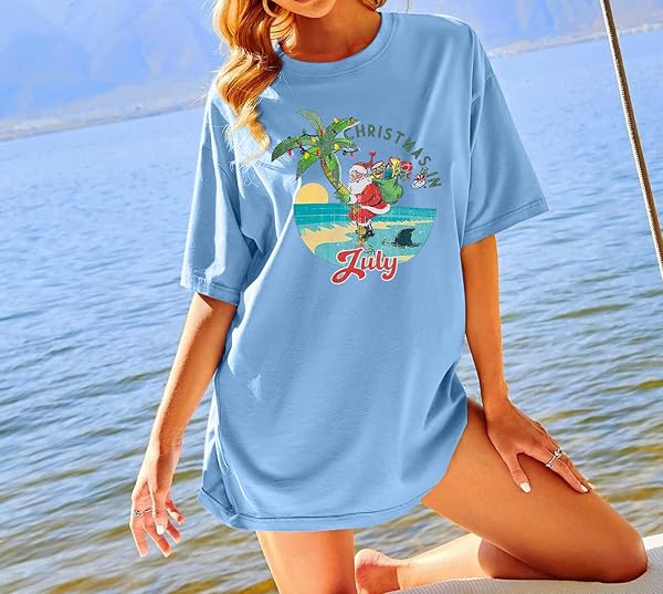 CHRISTMAS JULY SHIRT HAWAIIAN SHIRTS: WOMEN CHRISTMAS SANTA XMAS LIGHTS GRAPHIC TEE SUMMER BEACH VACATION OVERSIZED TOPS BLUE