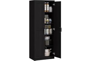 HOMCOM 63" 2-Door Kitchen Pantry, Freestanding Storage Cabinet with 5-Tier Shelving and 2 Adjustable Shelves for Dining Room, Black Wood Grain