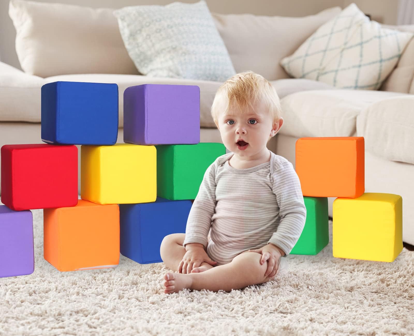 UHAPPYEE Foam Blocks for Toddlers 1-3, 12 PCS 5.5 inch Foam Soft Cubes for Kids, Colourful Building Blocks, Stacking Block Sets, Throwing Toys